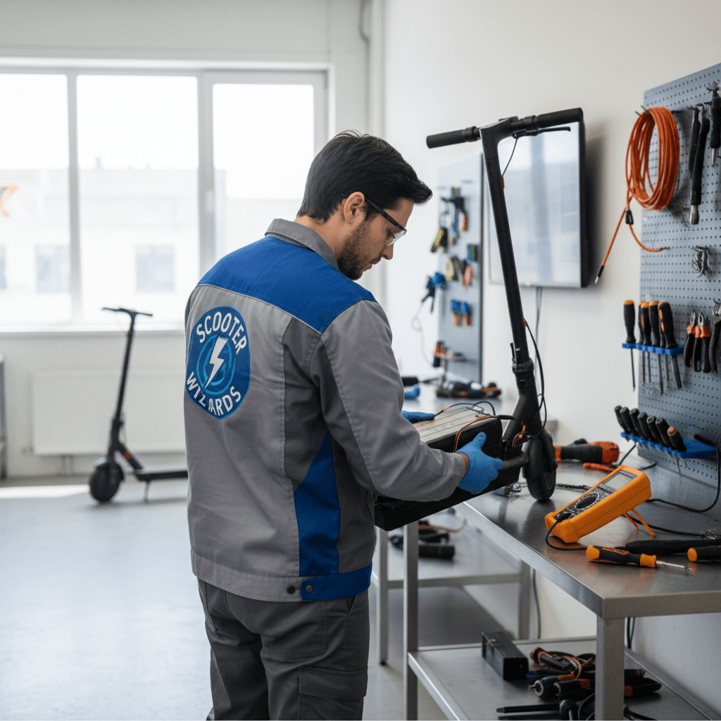 Technician replacing an electric scooter battery in a well-lit workshop