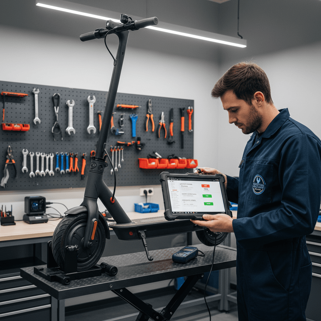 Technician performing diagnostics on an electric scooter in a workshop.