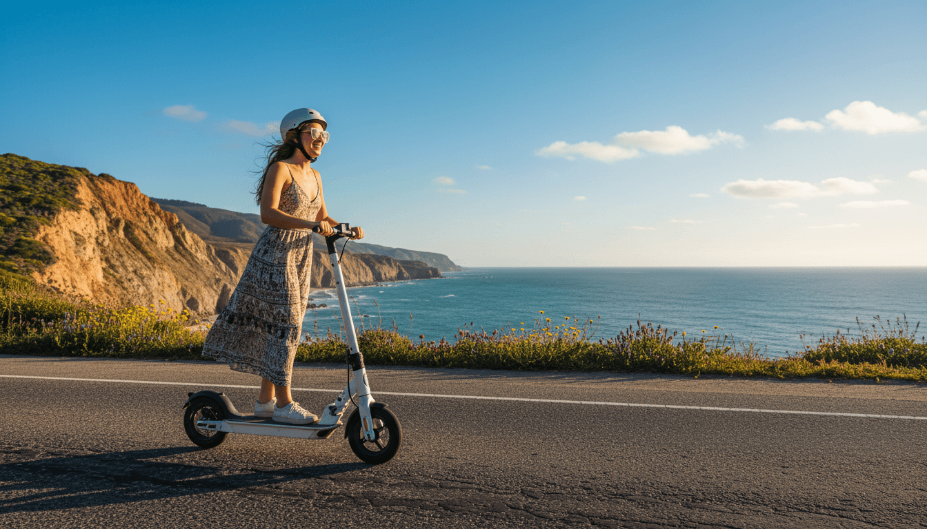 Woman confidently riding electric scooter along scenic coastal road with ocean cliffs and blue sky