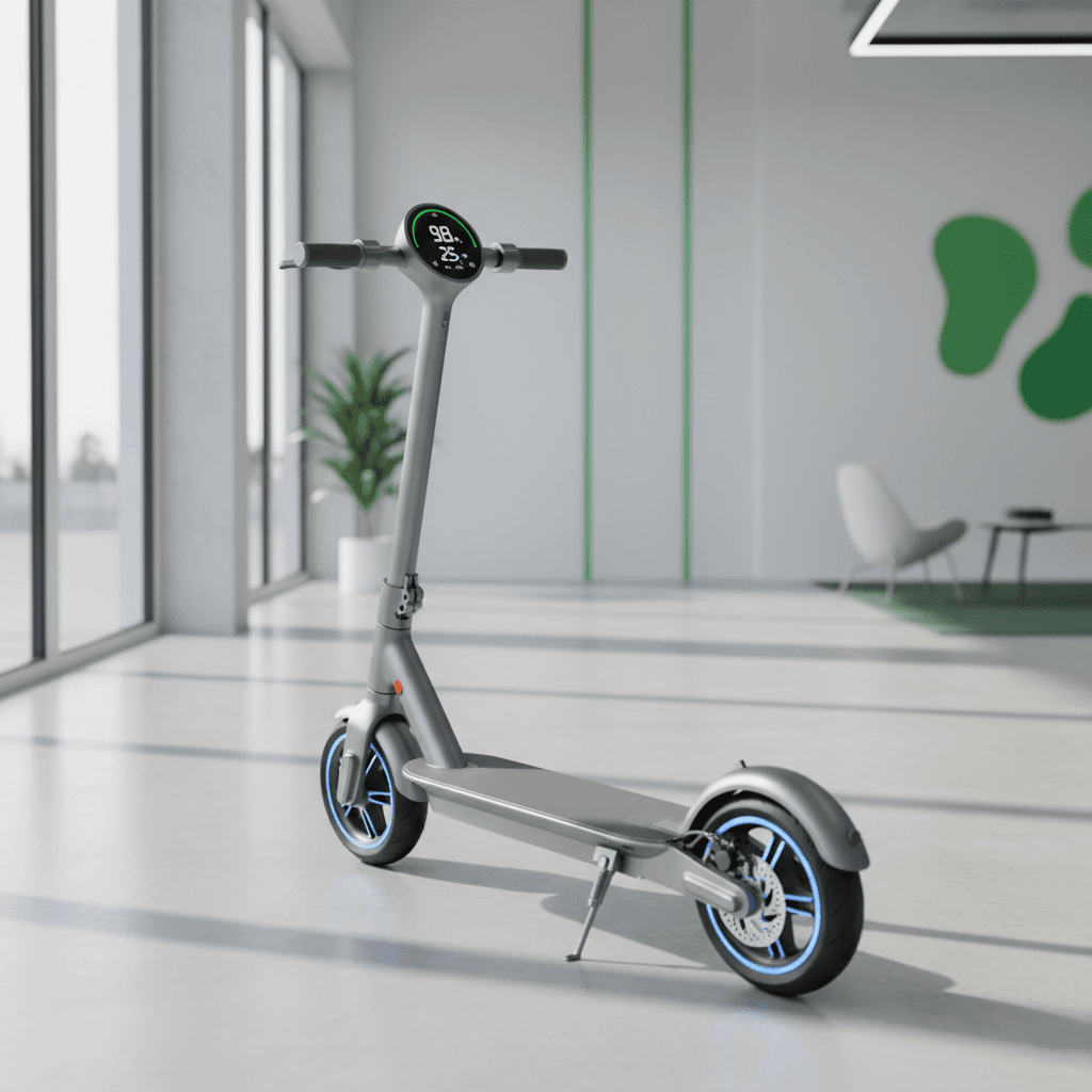 Electric scooter displayed in bright showroom with natural window lighting, showcasing handlebar controls and LED display panel
