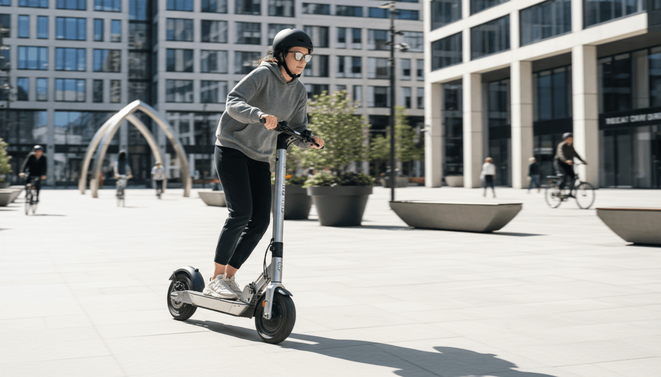 Electric scooter rider in motion navigating through modern urban plaza with protective gear