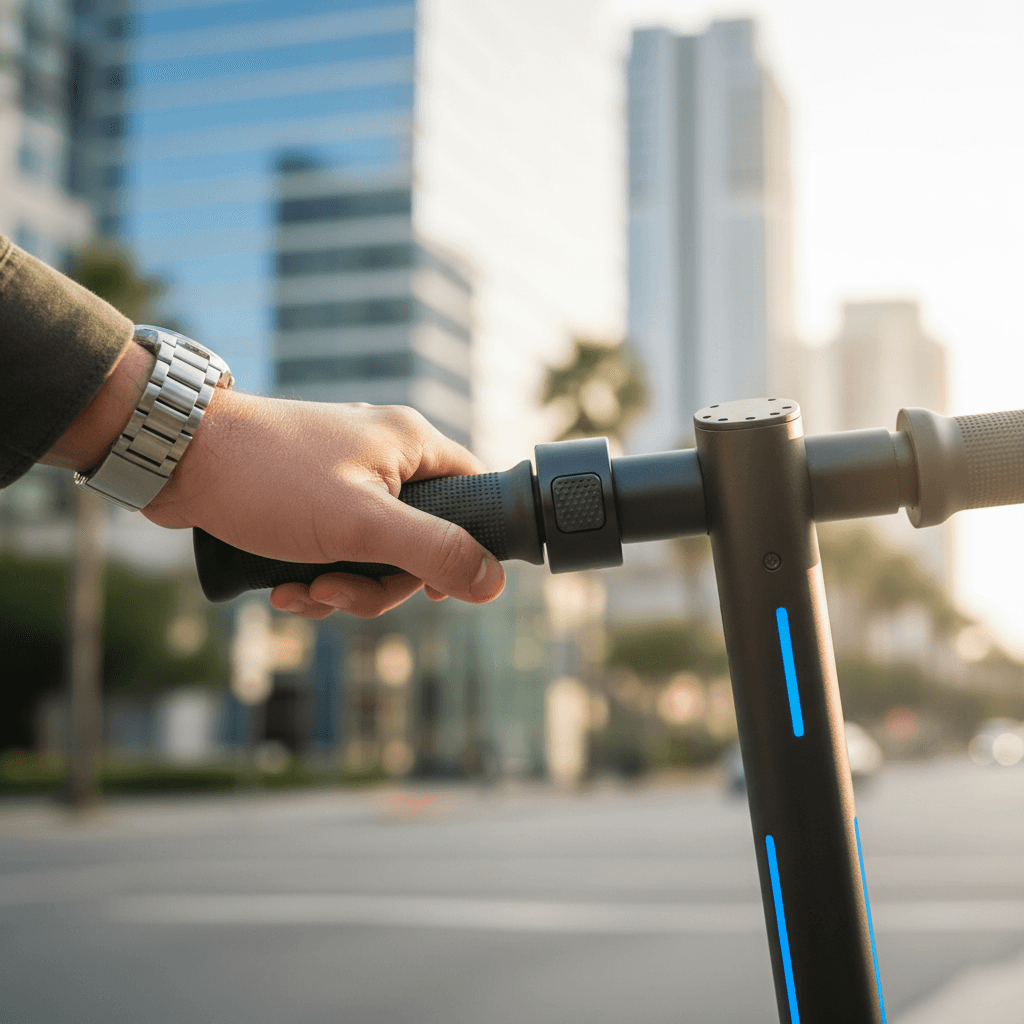 Close-up of rider's hand gripping electric scooter handlebar with throttle control in urban setting