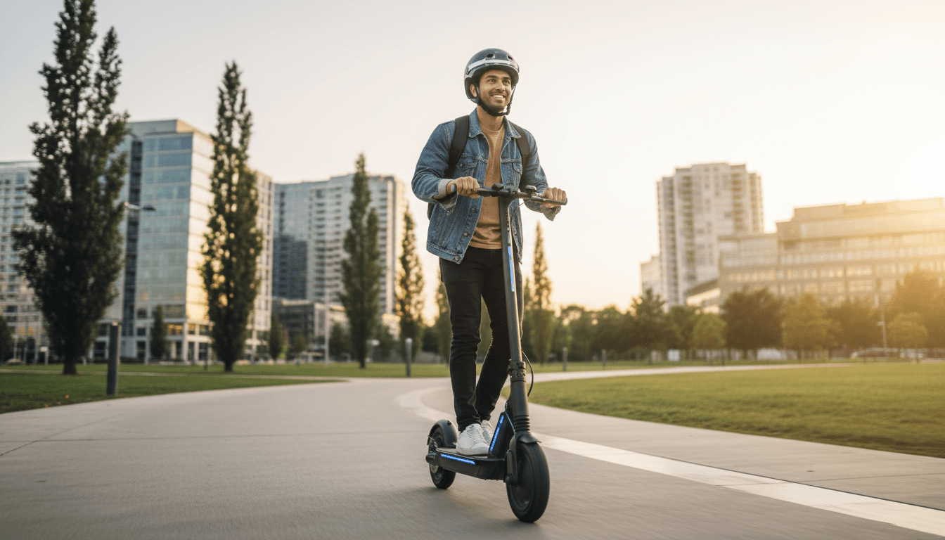 Young adult riding electric scooter on urban pathway during golden hour, demonstrating practical commuting and eco-friendly mobility