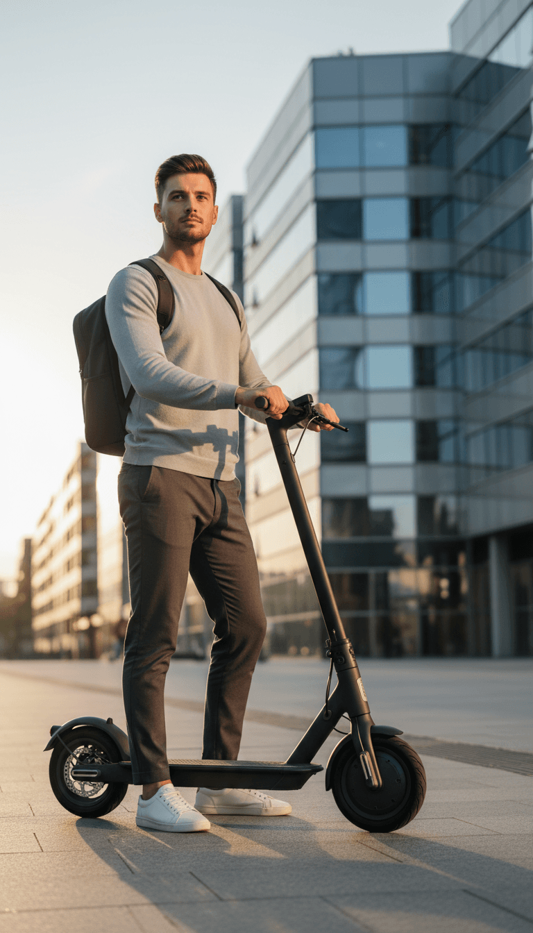 Young professional commuter standing with premium electric scooter in modern urban setting with architectural backdrop