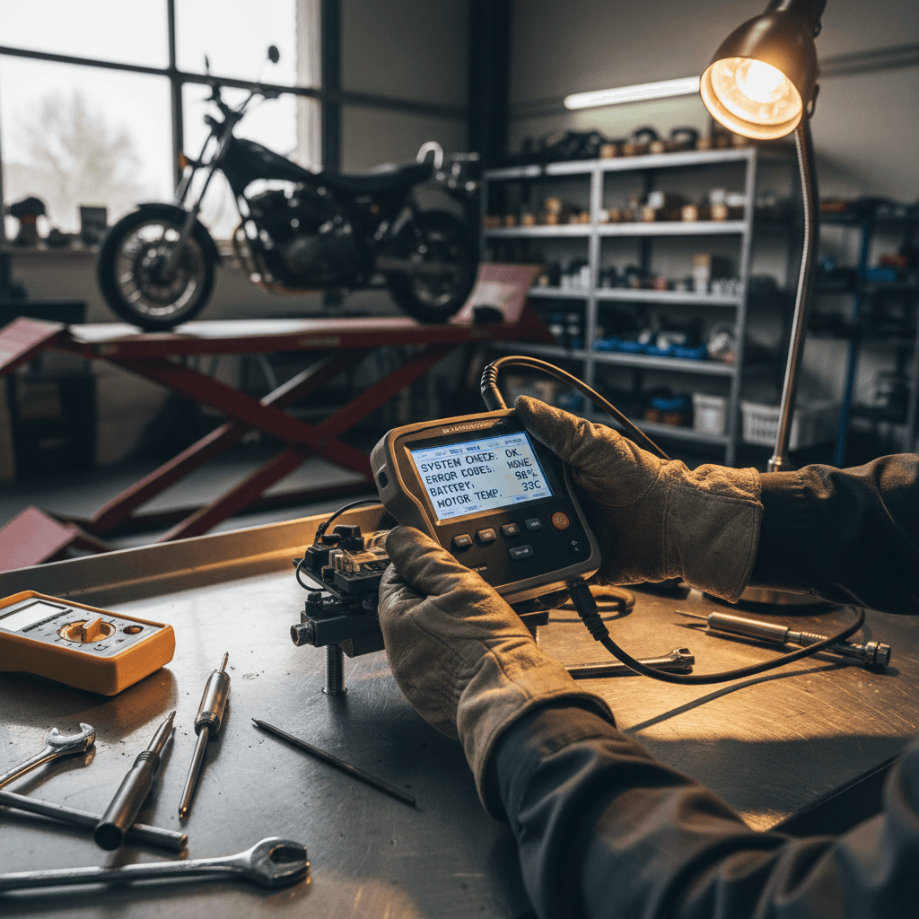 Scooter Wizards technician working on electric scooter repair in workshop
