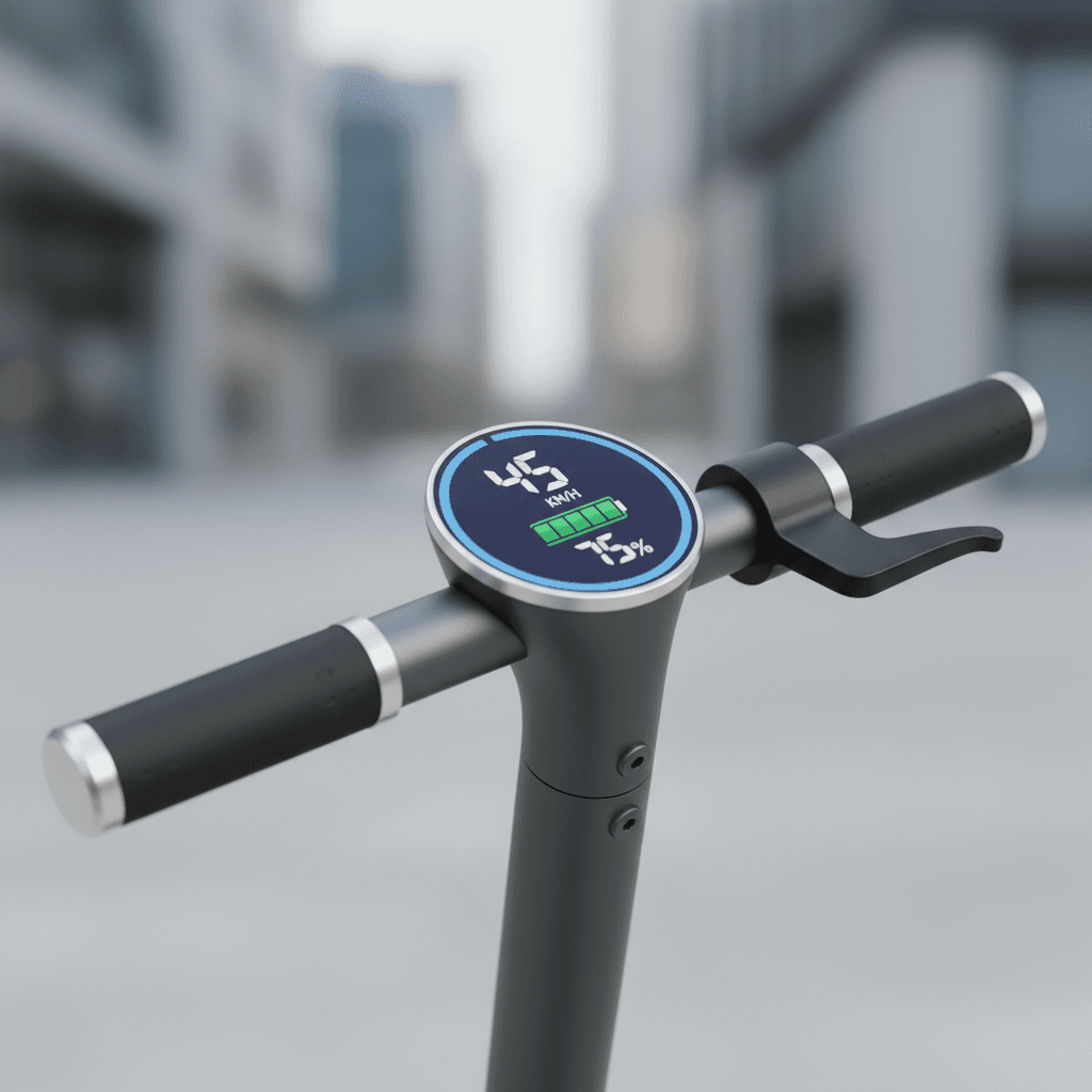 Close-up of electric scooter handlebars with illuminated digital speed display and grip controls